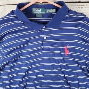 Polo Ralph Lauren Custom Fit Polo Shirt XXL 2XL Blue Striped Big Pony Pink Logo